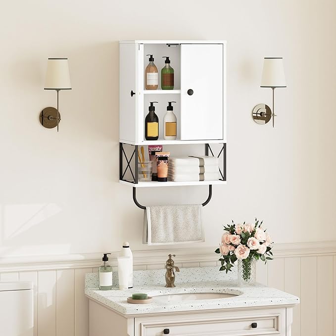 Wall-Mounted Bathroom Storage Cabinet with 2 Doors and Towel Rack